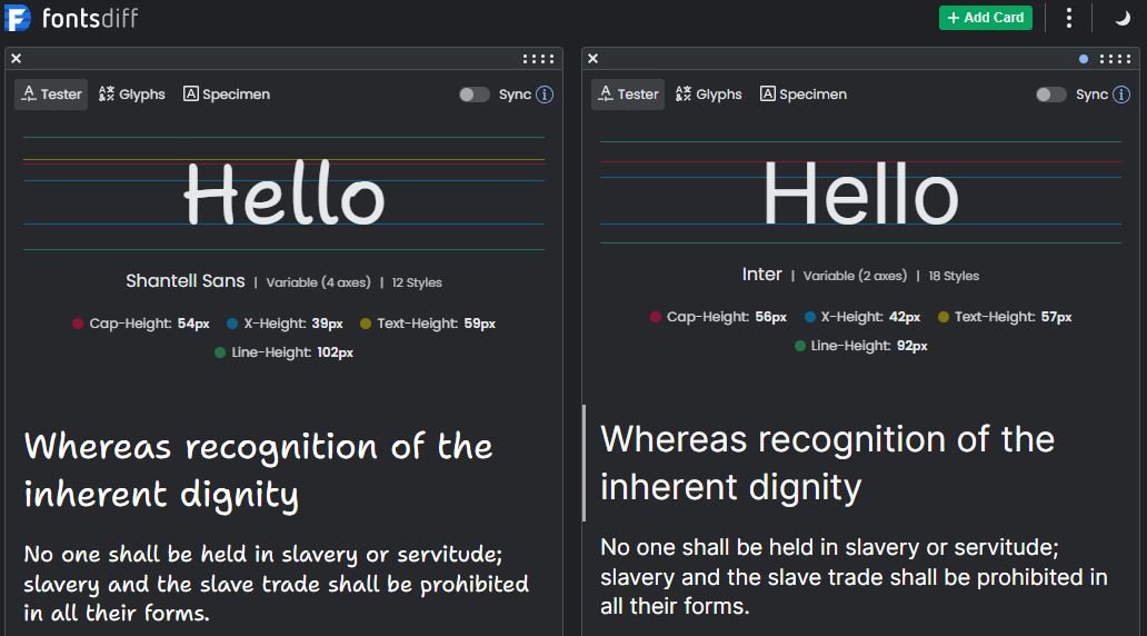 Screenshot of Fontsdiff.com's Google Fonts Tester interface showcasing font comparison, pairing, variable font axes, X-Height, Cap-Height, and other preview features.
